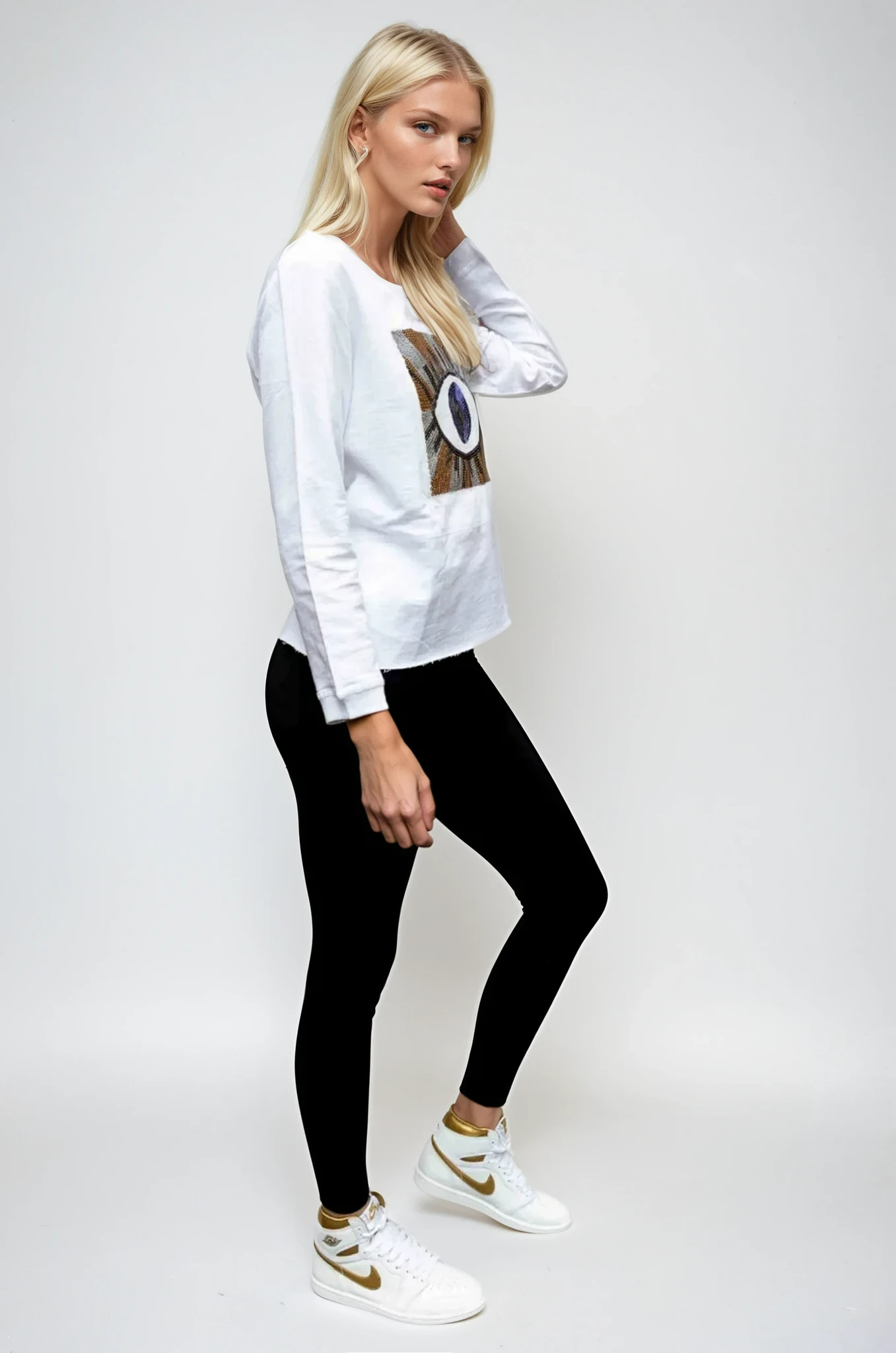 Jen Sweater White - Evil Eye Gold Sequin