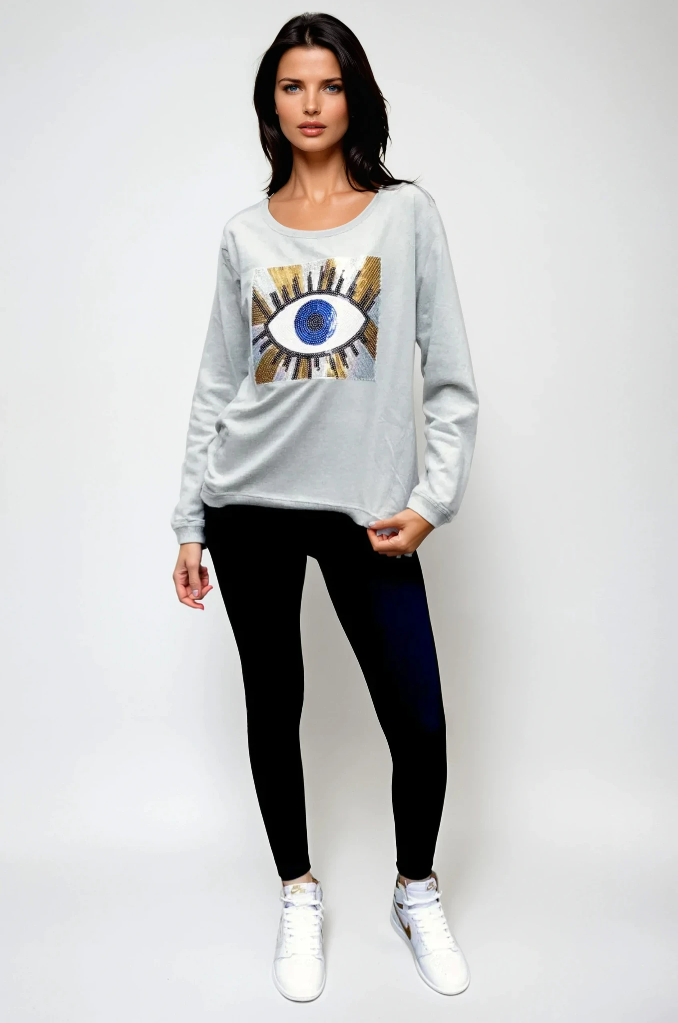Taylor Sweater Grey Marle - Evil Eye Gold Sequin