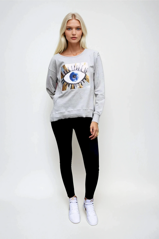 Suzie Sweater Grey Marle - Evil Eye Gold Sequin