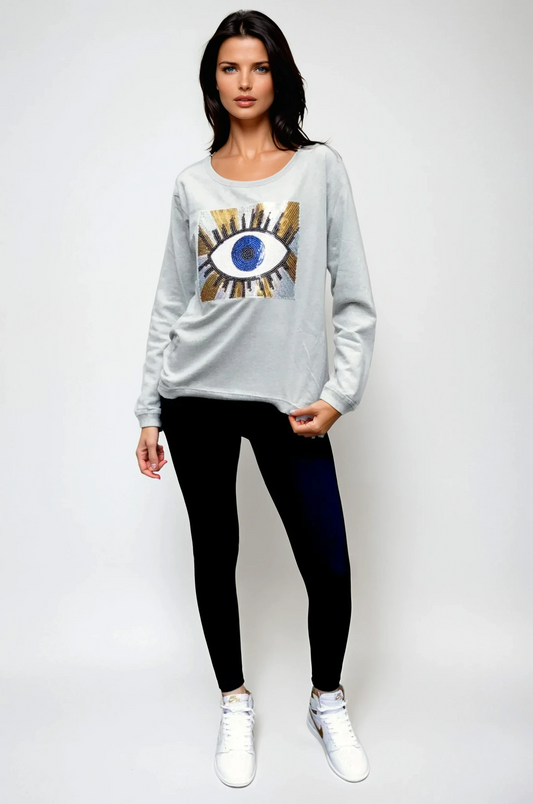 Taylor Sweater Grey Marle - Evil Eye Gold Sequin