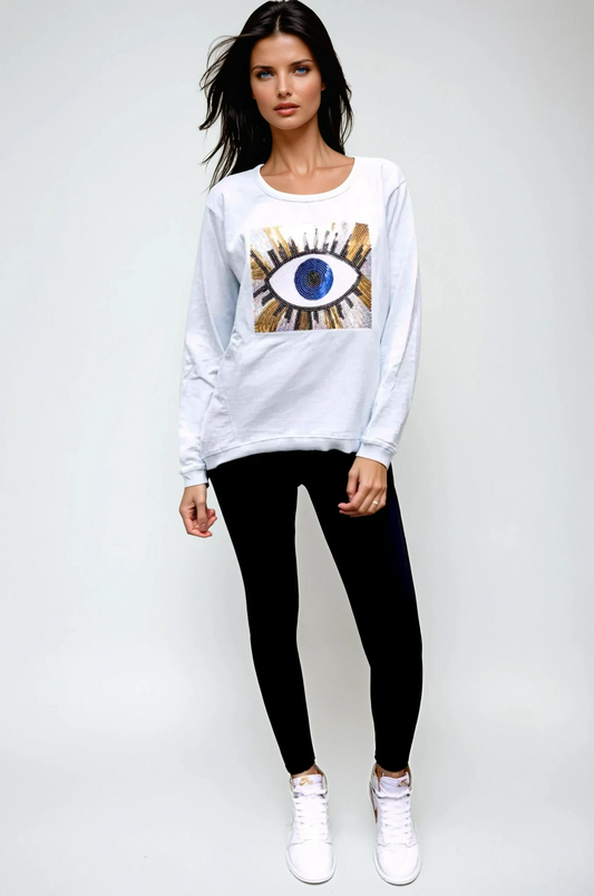 Taylor Sweater Sky Blue - Evil Eye Gold Sequin