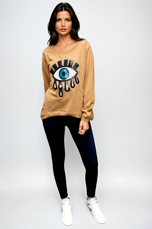 Taylor Sweater Tan - Evil Eye Sequin